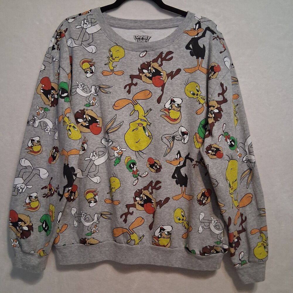 Looney Tunes Juniors XXL Sweatshirt All Over Print Gray Classic Retro Cartoon